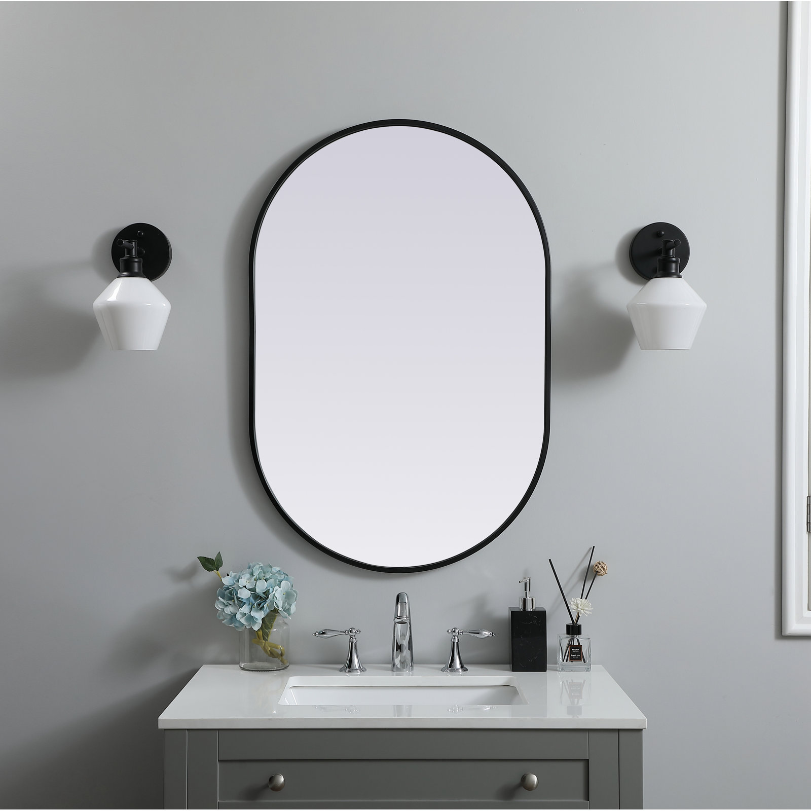 Sabine Metal Pill Wall Mirror, Black, 36" x 24"