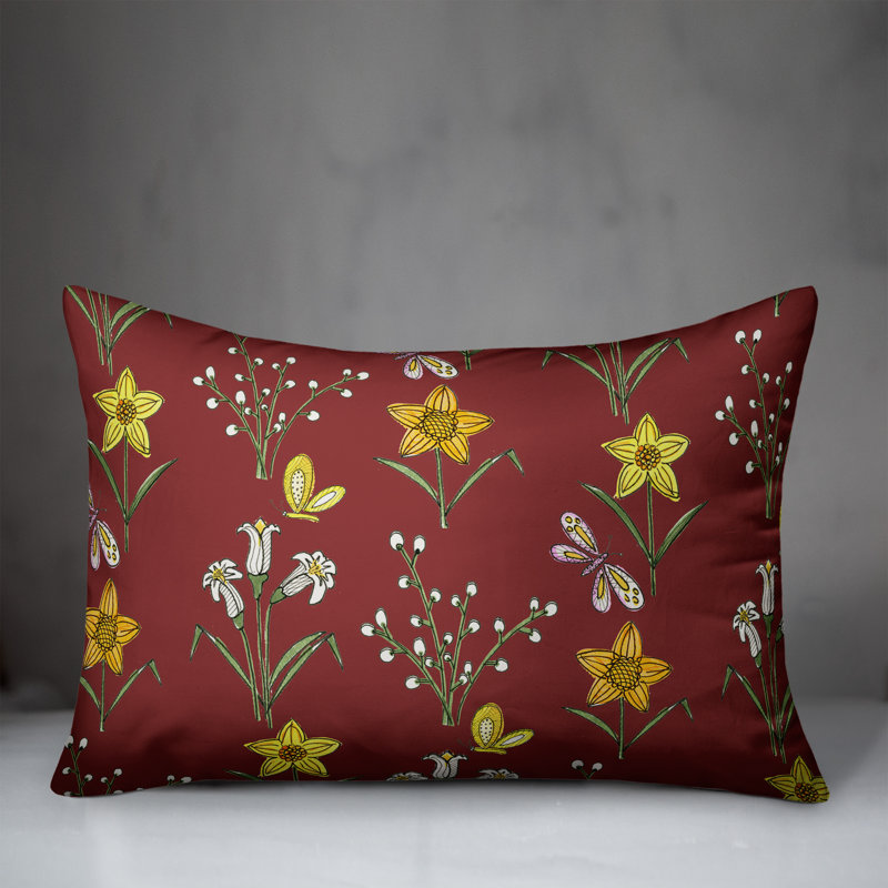  Coussin décoratif floral intérieur / extérieur en polyester, H 18 po x l 25 po, Rouge