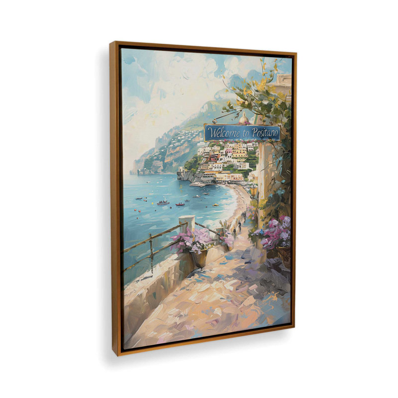 «Positano Paradise on Canvas» par Azure Artisanal Studio, reproduction, Cadre flottant or poli, H 32 po x l 22 po x P 1,75 po