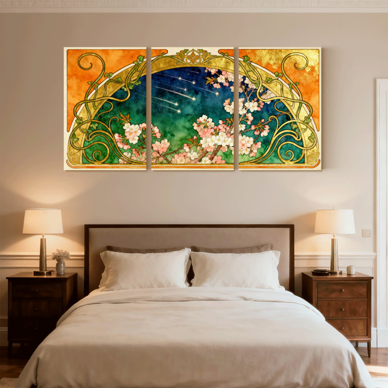 Ensemble de 3 impressions sur toile Art Nouveau Cherry Blossom and Starry Night, H 36 po x l 72 po