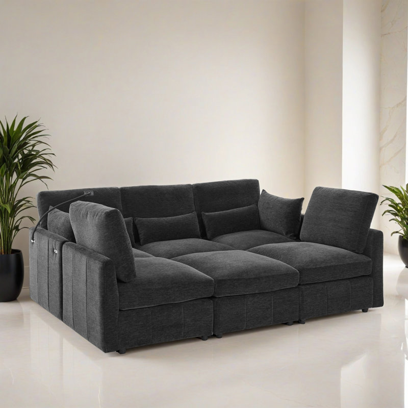 Canapé-lit modulaire 6 pièces pour salon, Chenille noir