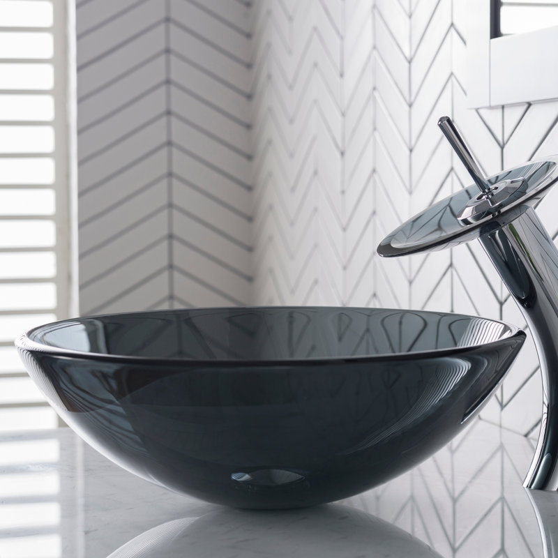 Glass Circular Vessel Bathroom Sink, Clear Black