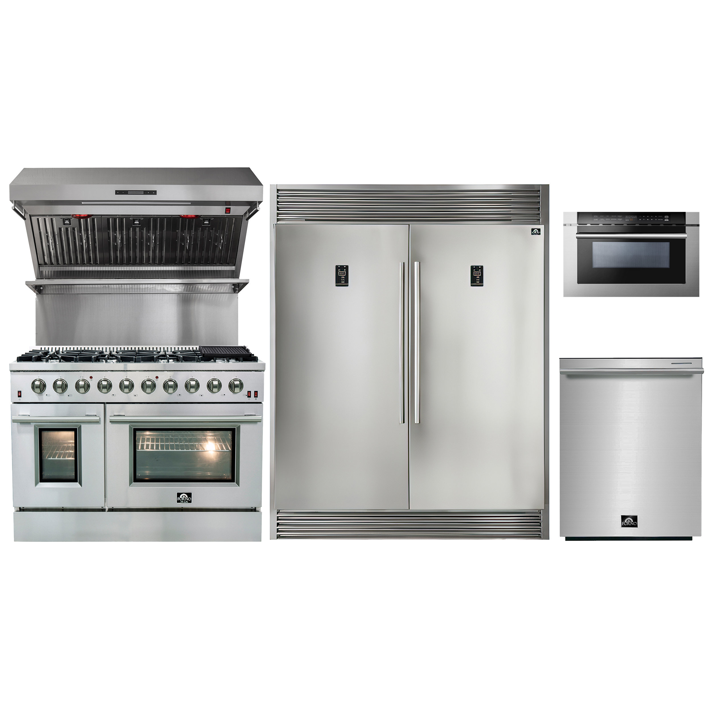 Forno 5 Piece Kitchen Appliance Package with Side By Side Refrigerator ,  48'' Gas Freestanding Range , Built-In Dishwasher , Microwave Drawer , and