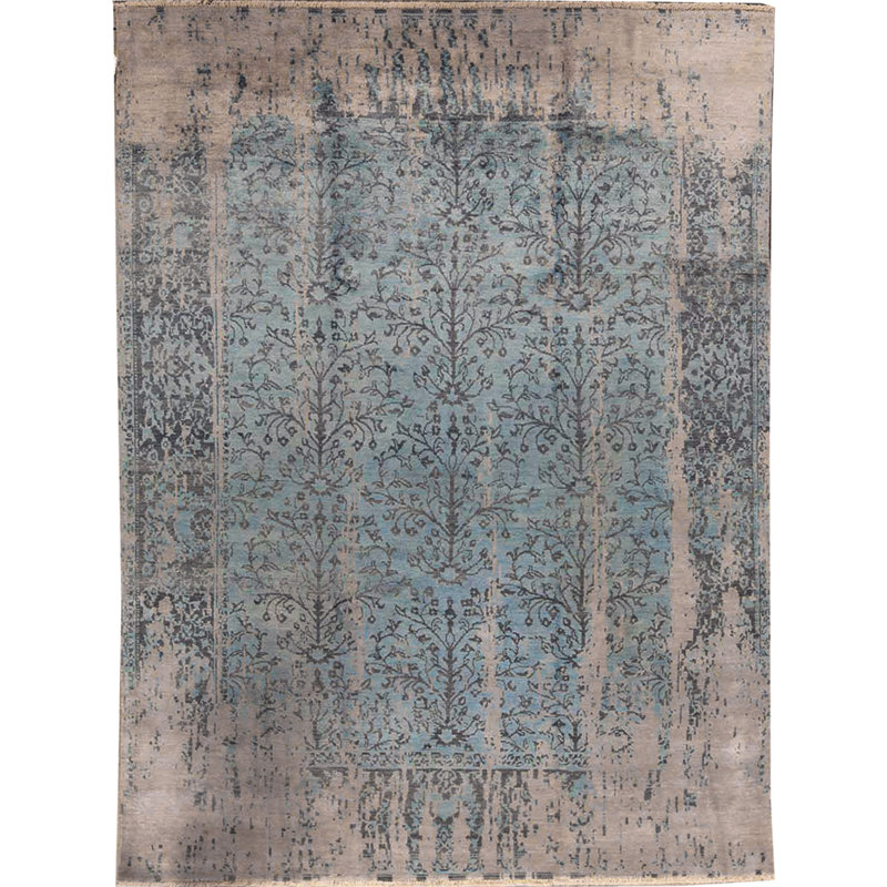 Tapis argent et bleu noué à la main de haute qualité