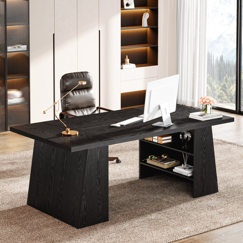 Bureau de direction noir de 63 po avec rangement caché pour le bureau personnel