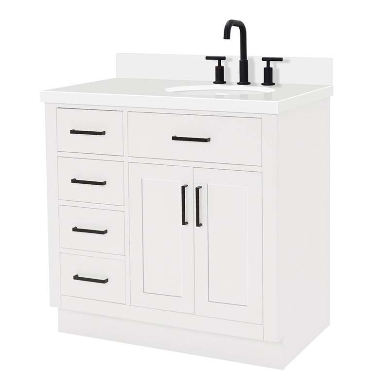 Meuble-lavabo simple en bois massif 36 po Tidworth avec plateau en quartz 1,5 po, Blanc, Ovale, Oui