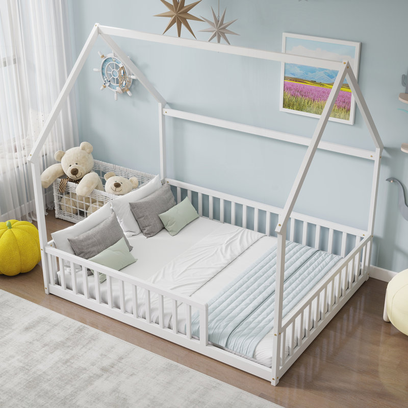Lit double sur pied avec structure de toit, White