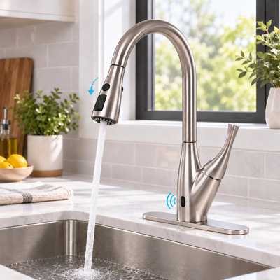 Robinet de cuisine sans contact à double capteur avec activation par mouvement, activation par traction et douchette à 3 fonctions, nickel brossé