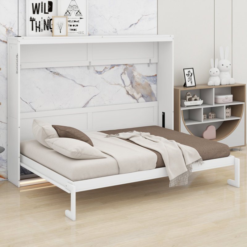 Lit escamotable polyvalent avec motif imprimé tendance, lumières DEL sous le lit et chargeur USB, Blanc
