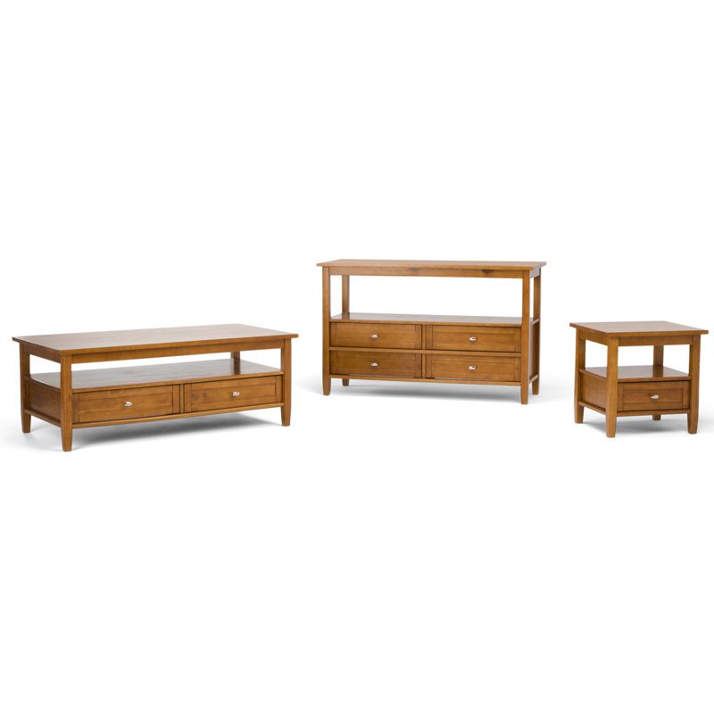 Warm Shaker 48"W Solid Wood Transitional Sofa Table with 4 Drawers, Open Shelf and Brushed Nickel Knobs, Light Golden Brown