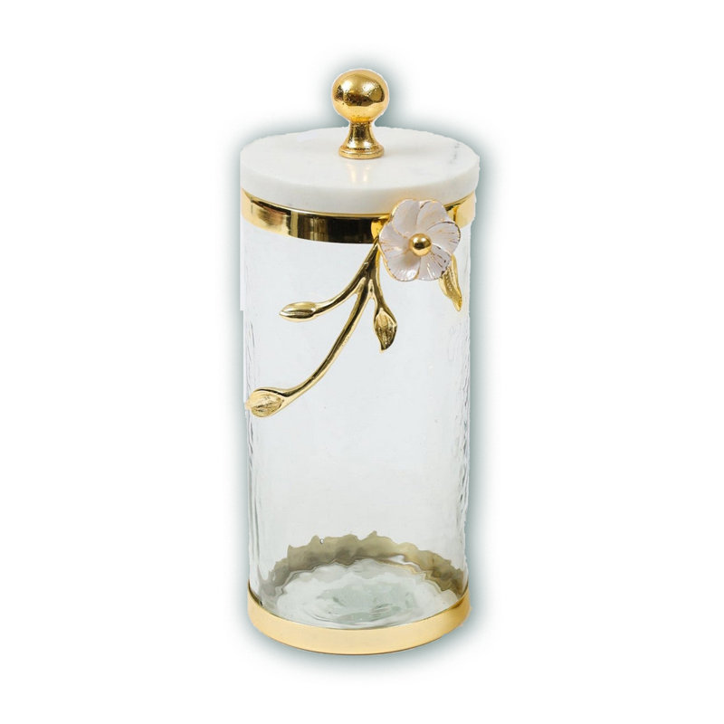 Hammered Glass Canister with White Enamel and Gold Flower with Leaf, Marble Lid