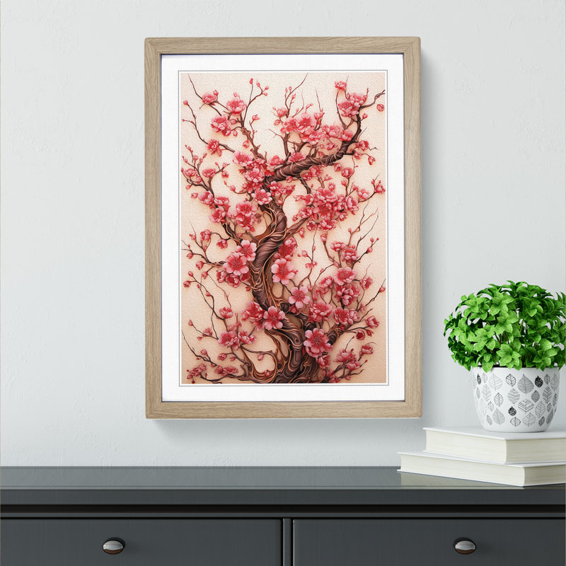 Cherry Blossom Tree Nouveau - Single Picture Frame Print on Wood, Oak Framed, 34cm H x 25cm W x 2cm D