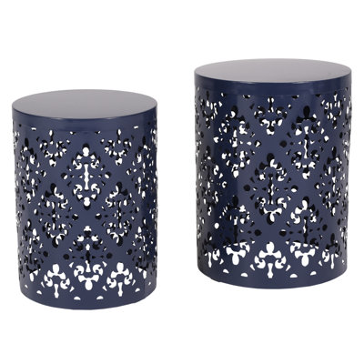 Metal End Table - Modern Design Iron Cut, Navy Blue Hue, Strong Powder-Coated Frame, No Assembly Side Cut Decoration,