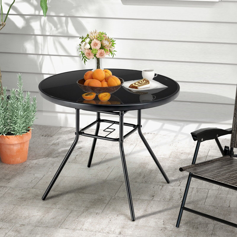 Outdoor Dining Table Patio Round Tempered Glass Table With 35Mm Umbrella Hole