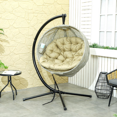 Outsunny Hanging Egg Chair Outdoor Indoor Swing Chair with Cup Holder Khaki