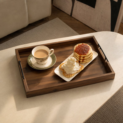 20" Acacia Wood Ottoman Tray With Metal Handle - Wooden Square Serving Tray