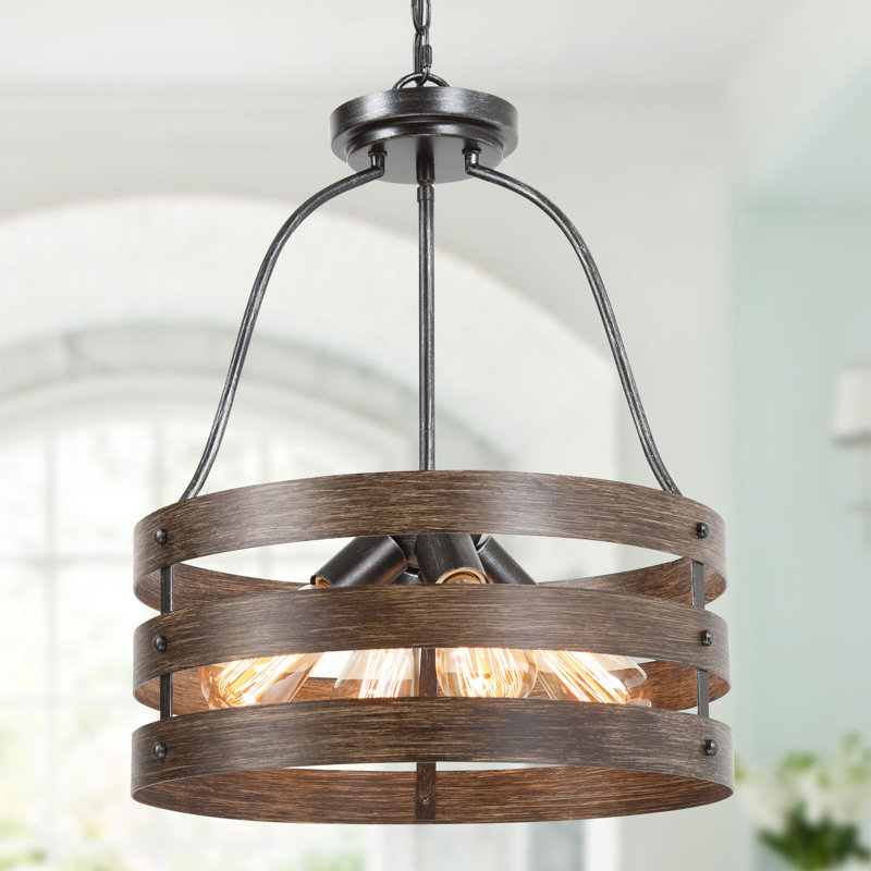 Lustre tambour 4 lumières avec accents de bois, Faux bois foncé