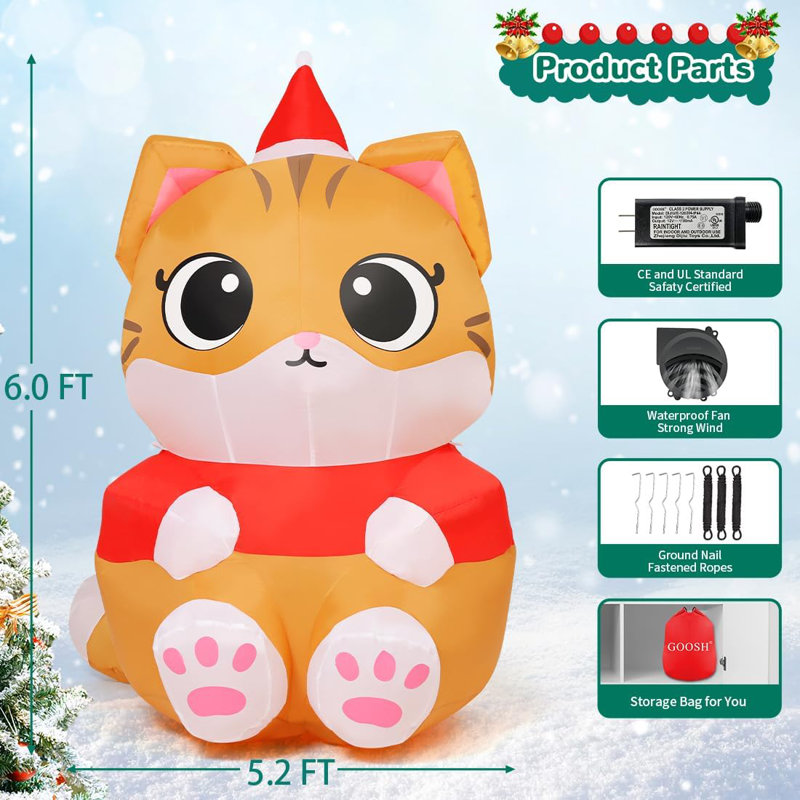 Christmas Inflatable 6 FT Sitting Christmas Cat Inflatables Christmas Cat Blow Up with Built-in LEDs