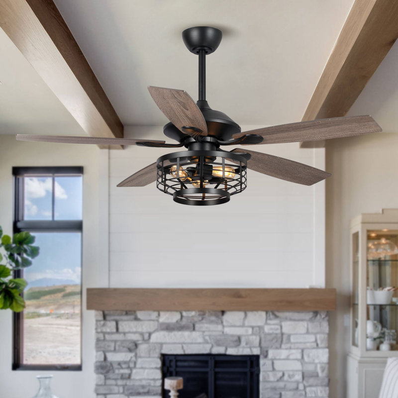 Joylynn 52" Modern Farmhouse Ceiling Fan with Caged Light Kit and Remote Control