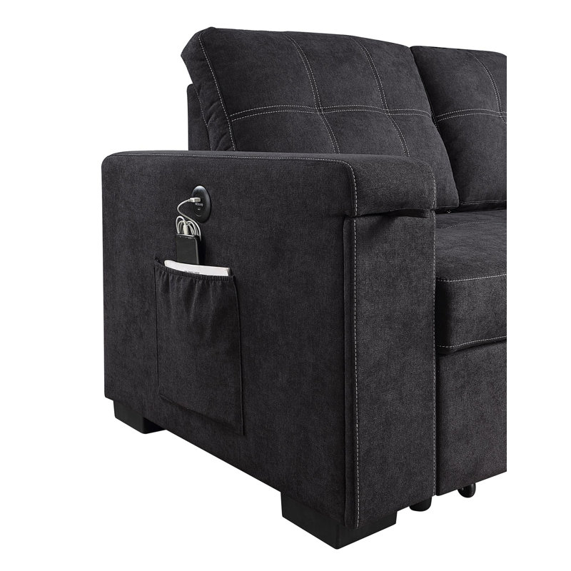 95" Woven Fabric Reversible Sleeper Sectional Sofa With Storage Chaise Cup Holder Charging Ports And Pockets, Black Fabric