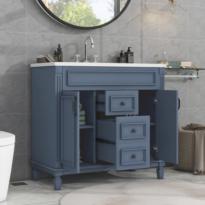 Meuble-lavabo simple 35,9 po avec plateau en bois massif Rahees, Bleu