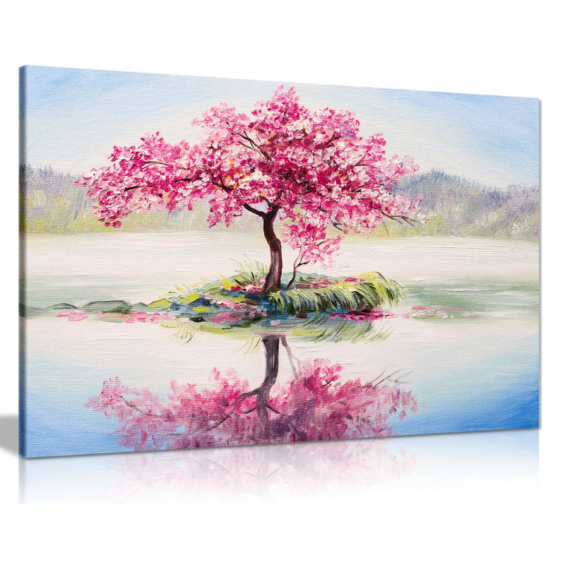 Japanese Oriental Cherry Tree On Lake - Wrapped Canvas Print, 51cm H x 76cm W