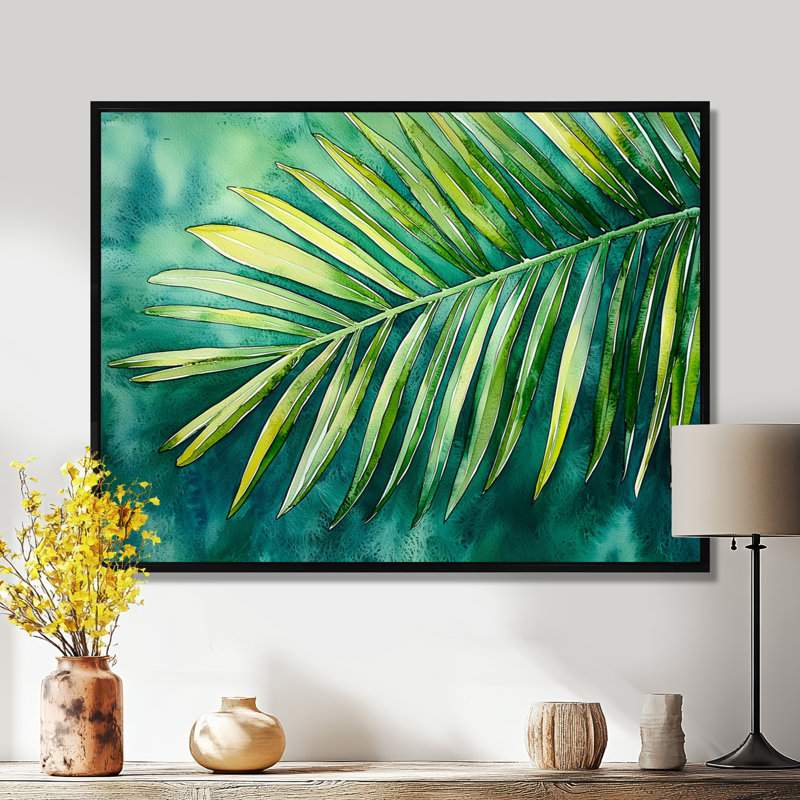 «Green Tropical Safari Palms II», art mural palmier, H 12 po x l 20 po, Picture Framed, Noir