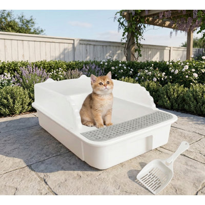 Litière pour chat ouverte avec côtés hauts, bac anti-éclaboussures surélevé, toilette pour chaton avec pelle de tamisage, semi-fermée amovible, facile à nettoyer, sans odeur