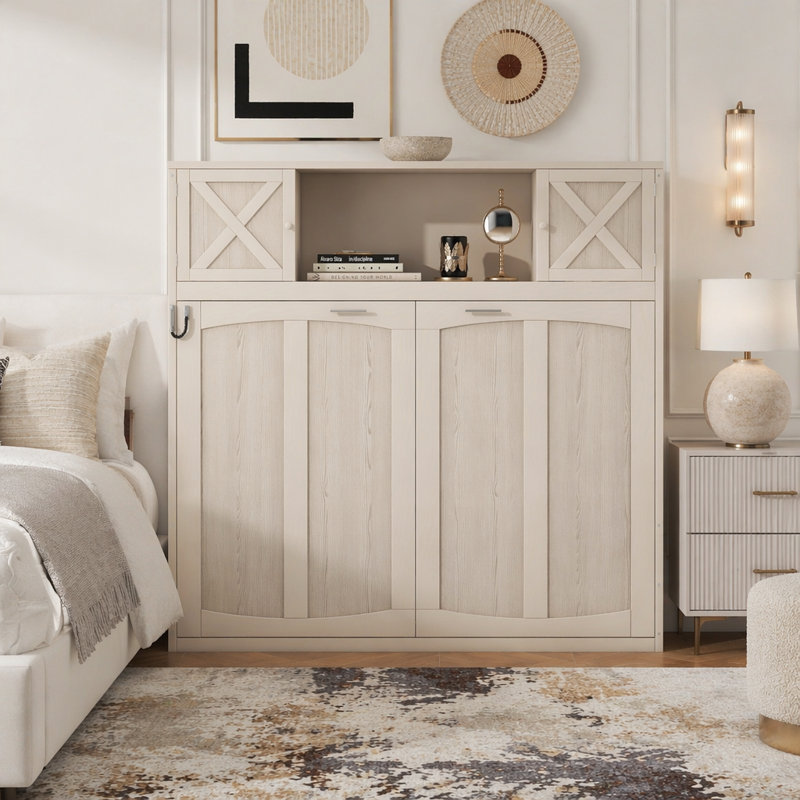 Grand lit escamotable avec armoires de rangement, Queen, Beige