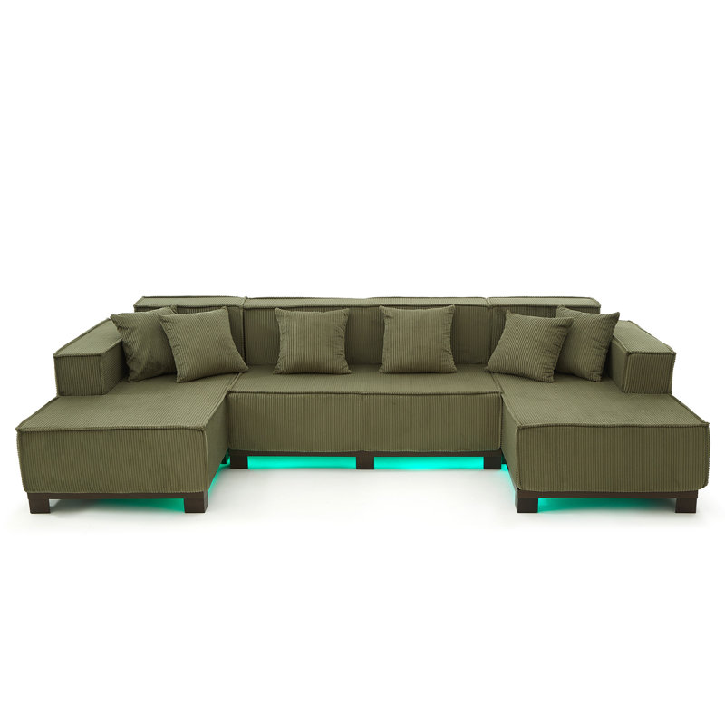 Noctis U-Shaped Corduroy Sectional Sofa with RGB LED Light Strip & 6 Pillows, Green