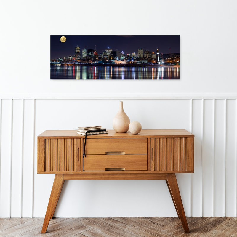 Moonlit City Reflections Colorful Vibrant Abstract Architecture City, art mural, H 12 po x l 36 po