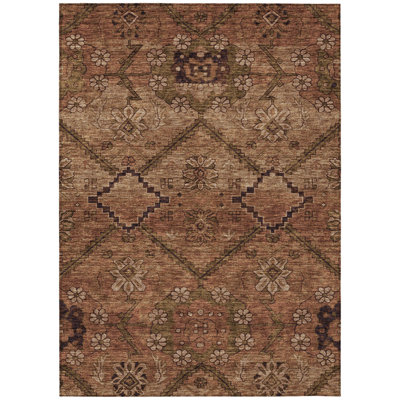 8' X 10' Orange Copper And Brown Floral Washable Indoor Outdoor Area Rug