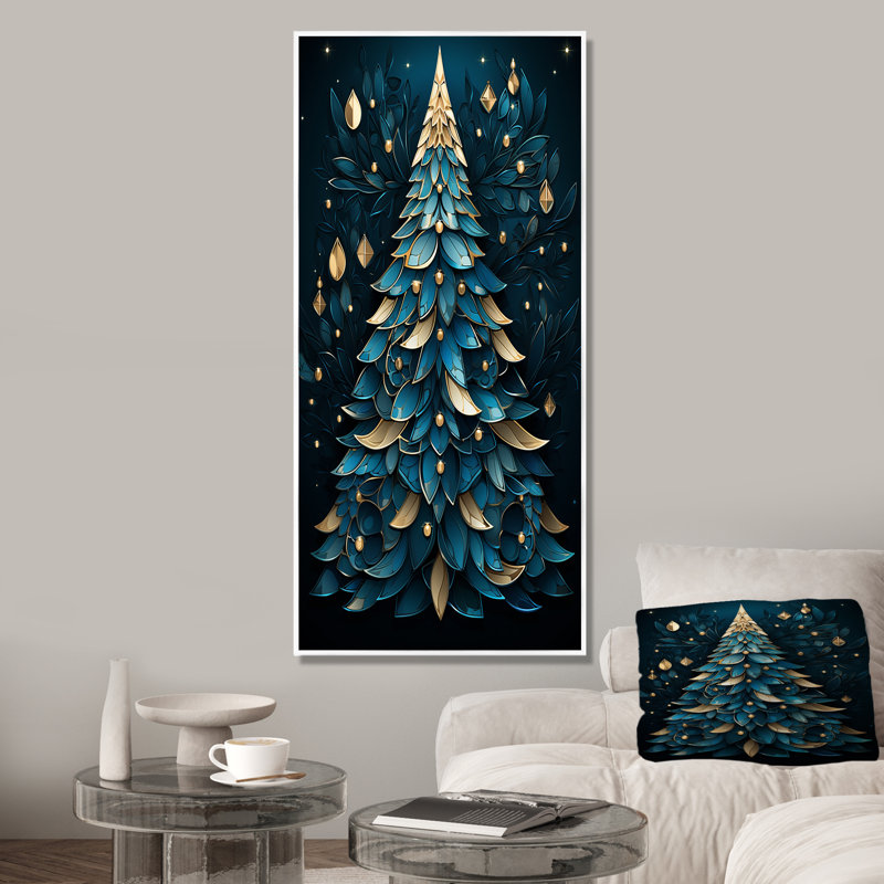 Arbre de Noël magique bleu et doré - paysage d'hiver, Cadre flottant blanc, H 32 po x l 24 po
