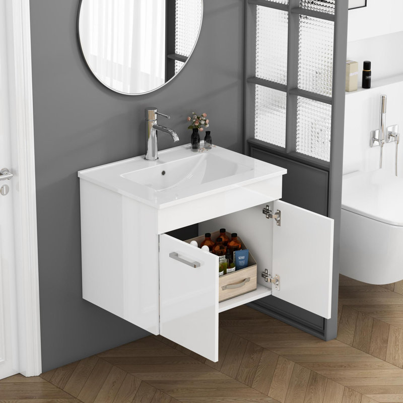 Ensemble de meuble-lavabo mural moderne en MDF blanc brillant