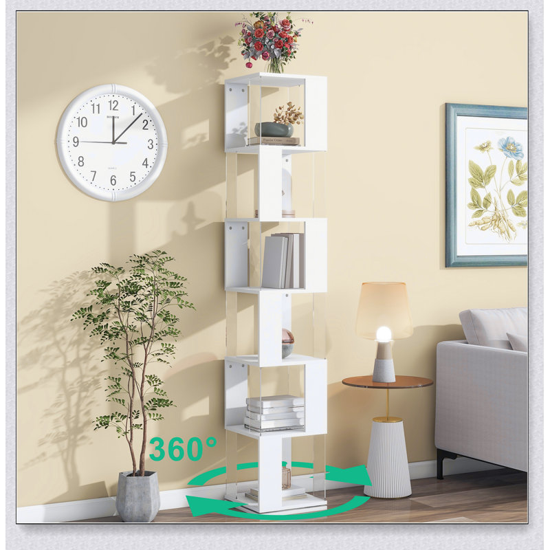 6 tier Rotating Bookshelf, Floor Rack Simple Bookcase  with Acrylic plate Student Multi-Function, White