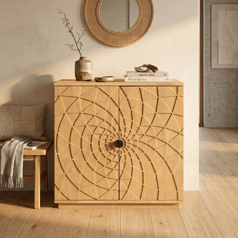 NTC BLOOM 2-Door Storage Cabinet, Solid Wood Designer Accent Cabinet with Hand-Carved Geometric Pattern Doors, Modular & Expandable Storage System for Living Room, Sand