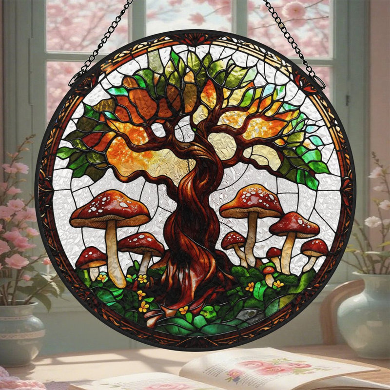 Arbre de vie avec panneaux de vitrail en verre coloré pour décoration de fenêtre, 11,8 x 11,8 po (30 x 30 cm)
