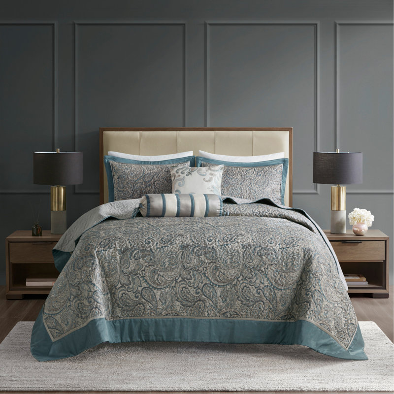 Ensemble de couvre-lit 5 pièces en jacquard avec coussins grand sarcelle, Couvre-lit grand + 4 pièces supplémentaires