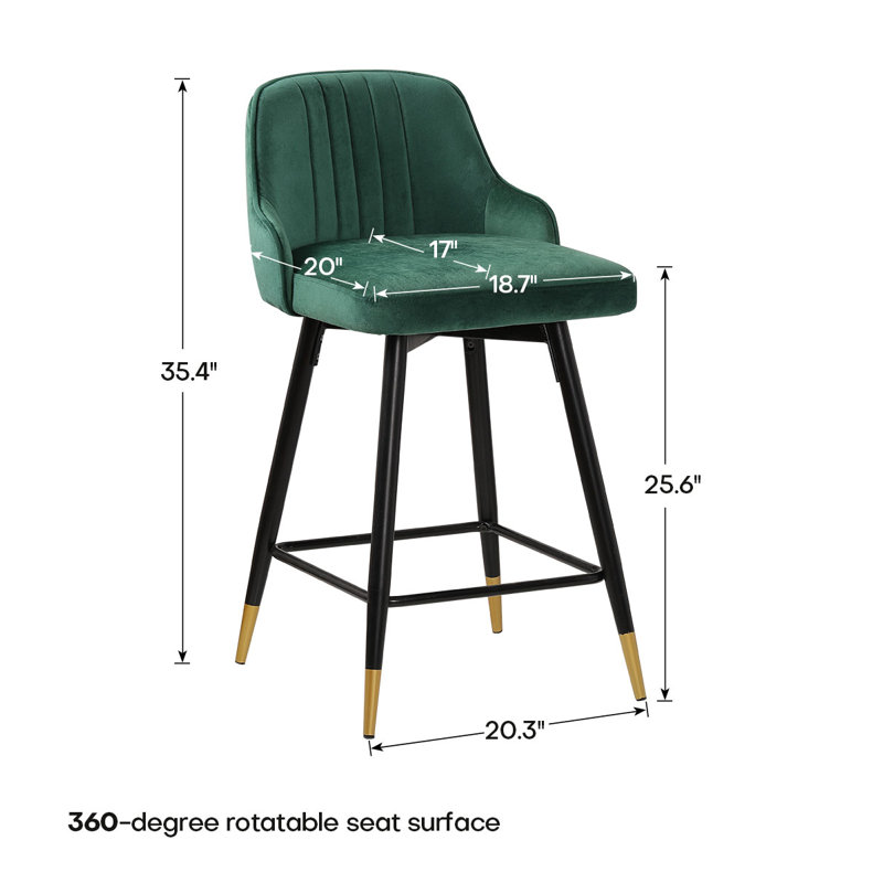 Swivel Upholstered 26"/29" Counter & Bar Stool With Solid Metal Frame and Velvet Back, Green