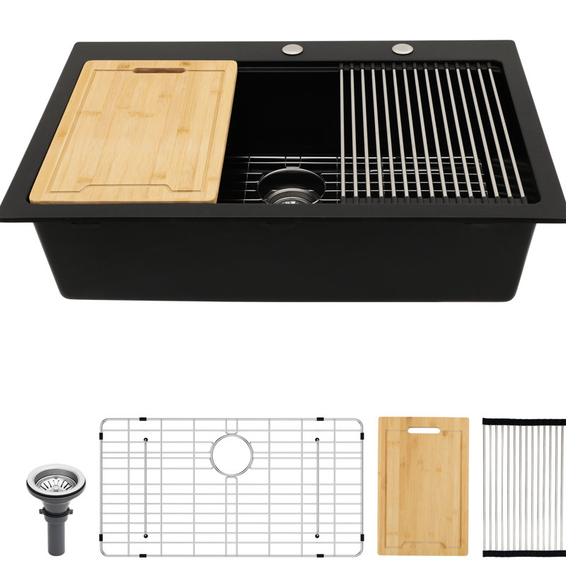 Évier de cuisine encastré 33 po x 22 po en quartz noir, quartz haut de gamme, surface épaisse et résistante, protège les mains et est livré avec les accessoires d'installation.