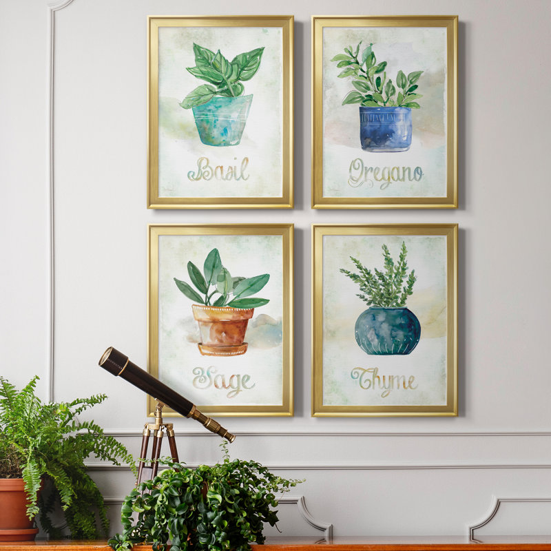 Basilic en pot - ensemble de 4 peintures sur toile encadrées, Or, H 30,5 po x l 170 po x P 1,5 po