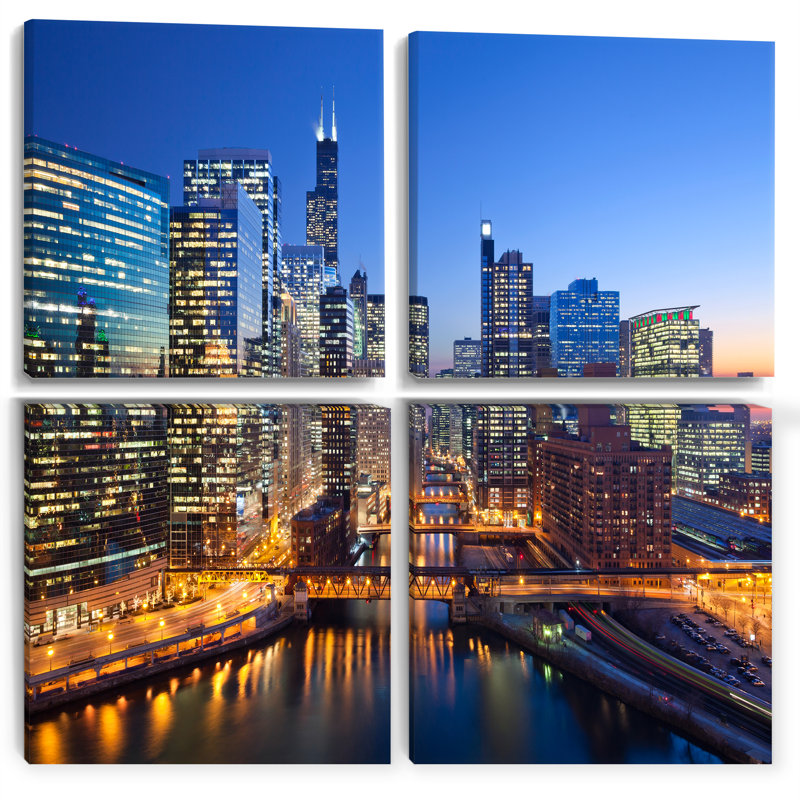 «Chicago River with Bridges At Sunset - Cityscape», reproduction d'art sur toile
