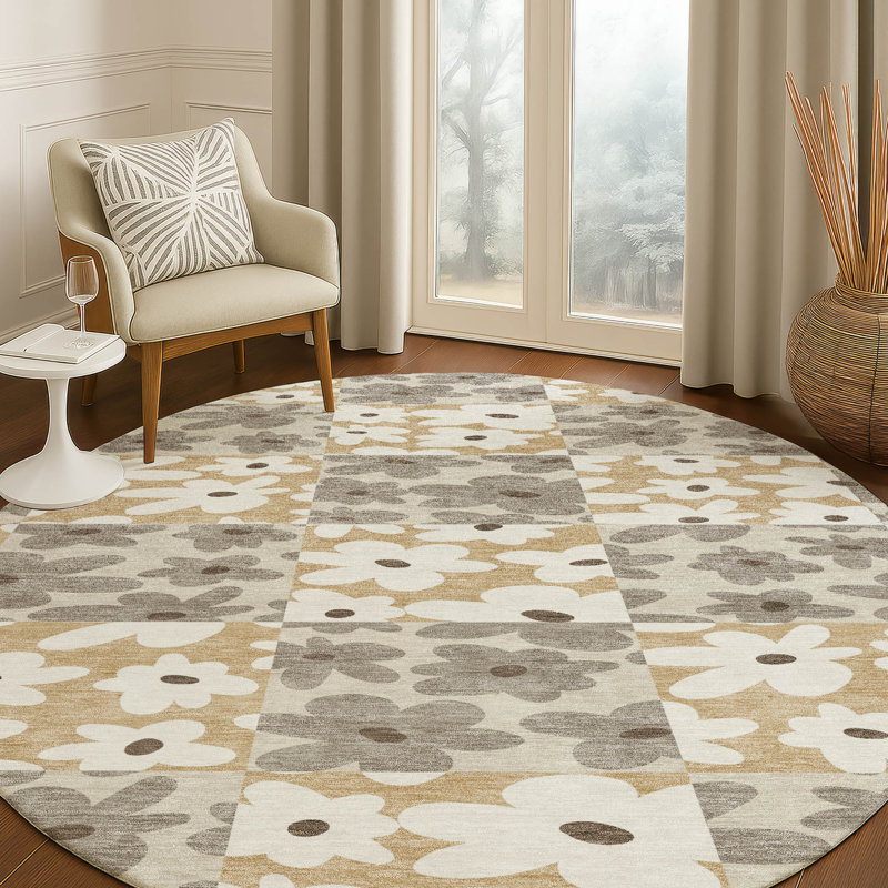 Machine Washable Indoor/Outdoor Chantille ACN2476 Floral Rug, Beige, 8' Round
