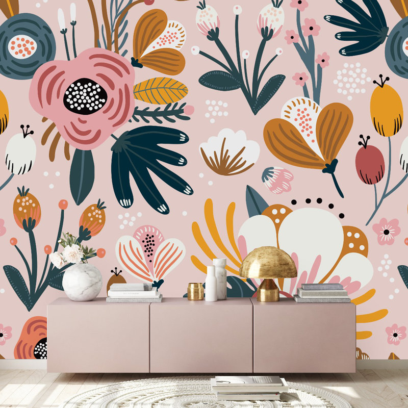 Panneau de papier peint floral rose L 8,33 pi x l 100 po
