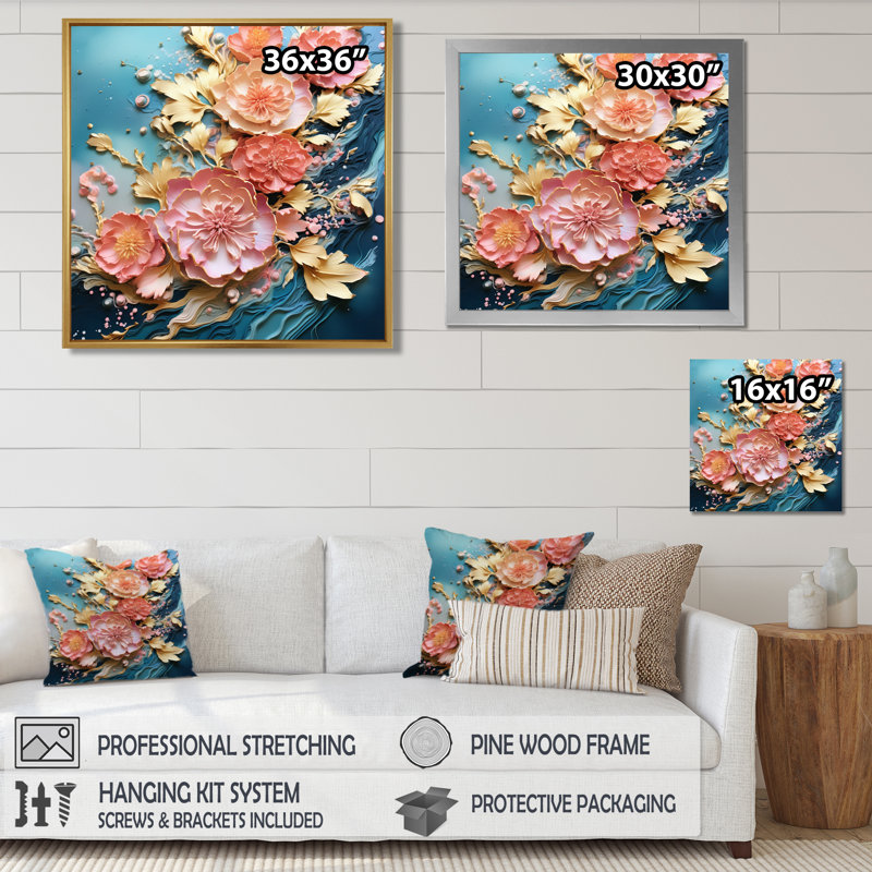 Vague en fleurs roses et dorées - décoration murale art floral moderne, Toile avec cadre flottant or