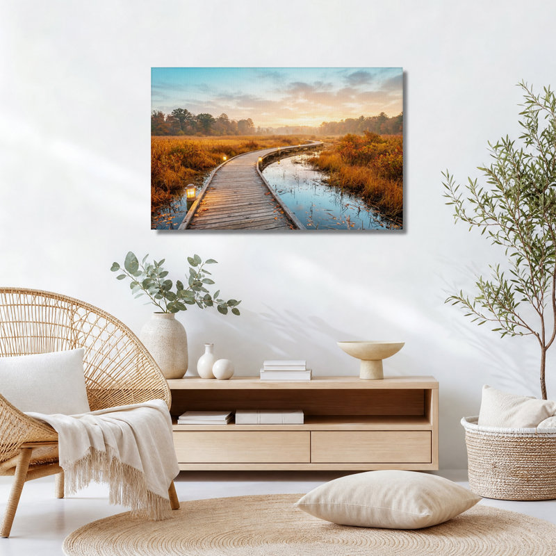 «Winding Wooden Boardwalk travers Marsh at Sunset», art mural sur toile, 28"H x 40"W