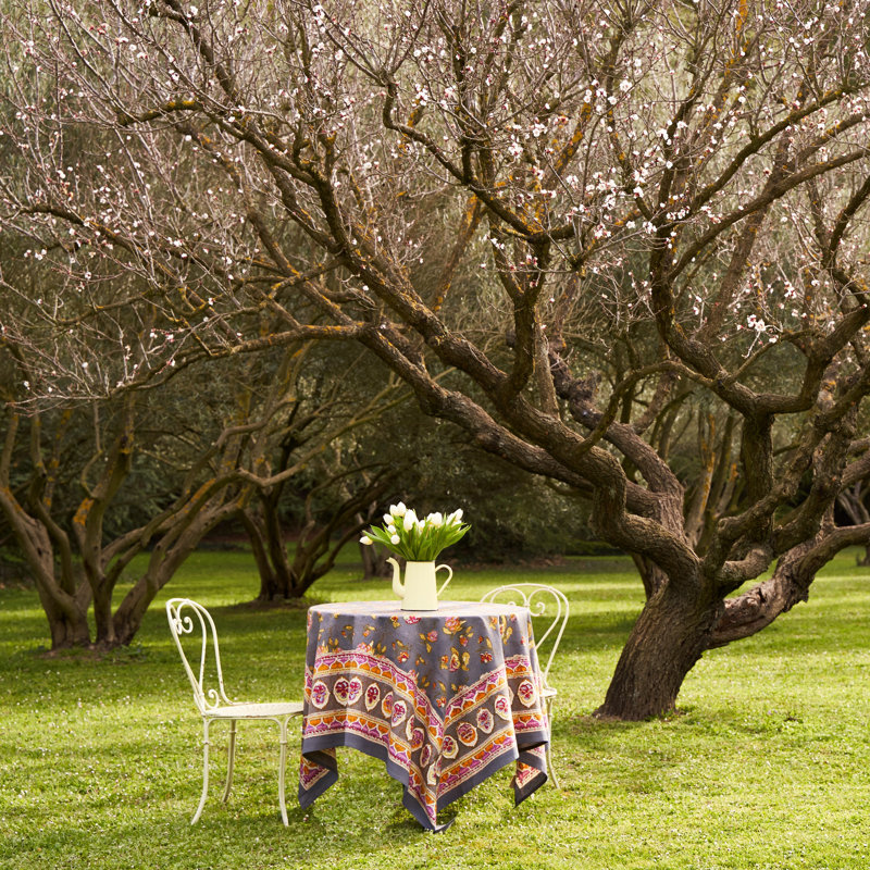 Handmade Floral Tablecloth, 90" Round, Gray