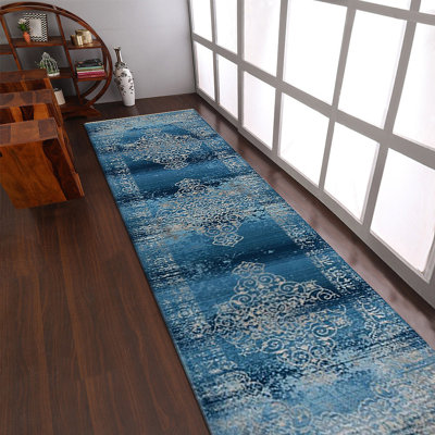 Crayton Machine Made Polyester Area Rugs - Blue Color, Oriental Design, Low Pile Machine Made Area Rugs for Living Room, Bed Room 