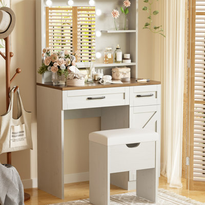 White Dressing Desk With Mirror, Lights, 3 Modes, 2 Drawers, Adjustable Shelves, Side Cabinet For Bedroom Style Makeup Vanity Mirror & Cabinet,