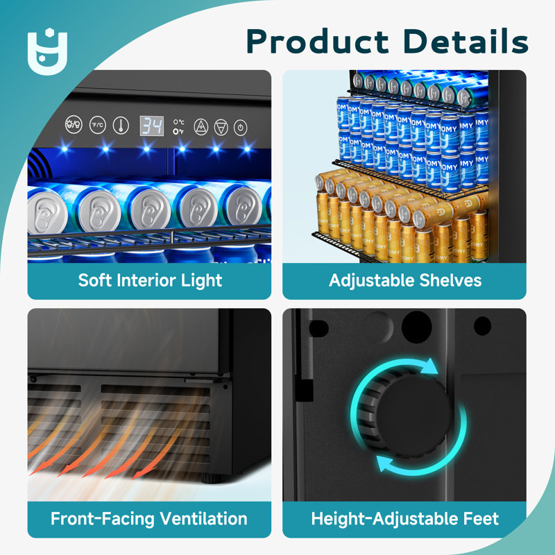 Euhomy 23.5'' W 180 Cans 5 Cu Ft Beverage Refrigerator - Freestanding/Built-In/Under Counter Cooler With Commercial-Grade Stainless Steel Door & Reversible Handle, Stores Beer, Wine, Drinks